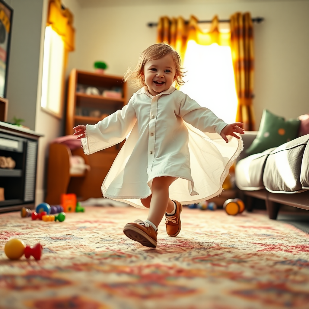 In the cozy confines of a modest living room, a curious toddler sets off on a delightful adventure, her heart brimming with excitement. Clad in an oversized, crisp white shirt that swathes her small frame like a whimsical cloud, she embodies the playful spirit of childhood. The shirt, slightly tattered around the edges, flares around her as she twirls, creating a captivating spectacle of innocence and joy.

As she makes her way across the plush, patterned carpet, the soft fibers tickle her tiny toes, making her giggle with each cautious step. Her tiny feet are encased in adult-sized shoes—clunky and comically large—where she struggles to maintain her balance. Each determined stride is a mix of wobbling and purposeful effort, her little arms outstretched like wings, ready to take flight at any moment.

The room is filled with vibrant colors—sunlight streams through a window adorned with cheerful curtains, illuminating floating dust particles that dance in the golden rays. A colorful array of toys lies scattered around her, remnants of previous adventures, and the faint sound of soft music plays from a nearby speaker, enriching the atmosphere with a gentle melody that seems to echo her laughter.

Her face beams with determination, bright eyes sparkling with wonder as she navigates this oversized world, embodying the fearless spirit of a young explorer. It's a magical moment, where innocence meets ambition, and the simple joy of discovery fills her surroundings with warmth and laughter. Every step she takes unfolds a new chapter of imagination, where the ordinary becomes extraordinary in her adventurous little universe.