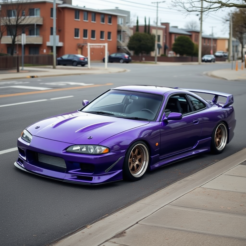 camelonn purple nissan silvia s14 the car is parked on the side of the road, inspired by Taiyō Matsumoto, tumblr, restomod, nd4, c4 cold colors