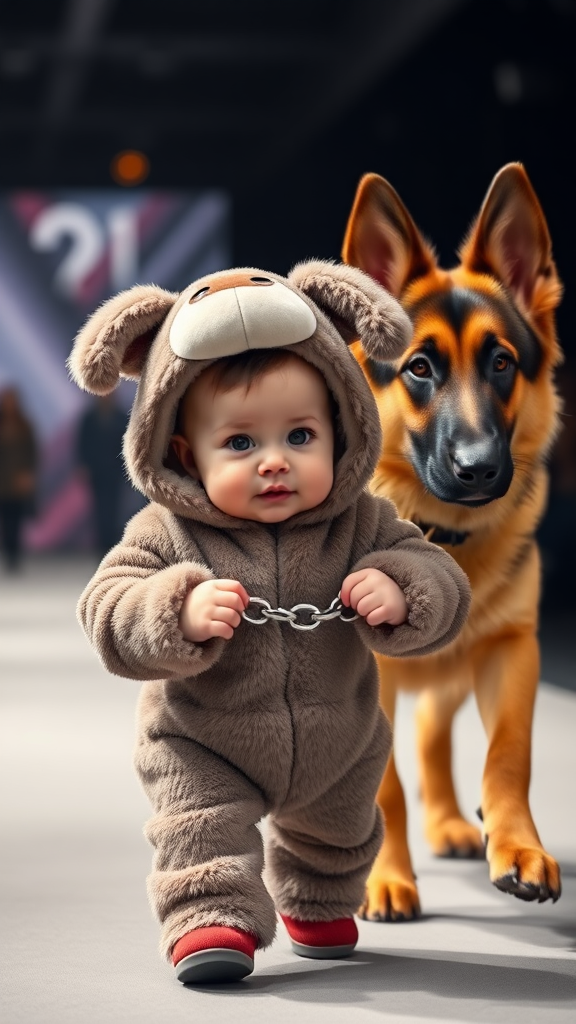 A cute small chubby fair baby with big eyes, pink lips, and pink cheeks wearing a furry cozy dog costume is doing a ramp walk in a fashion show, walking alongside a real German Shepherd dog while holding the dog's collar chain in a cinematic setting.