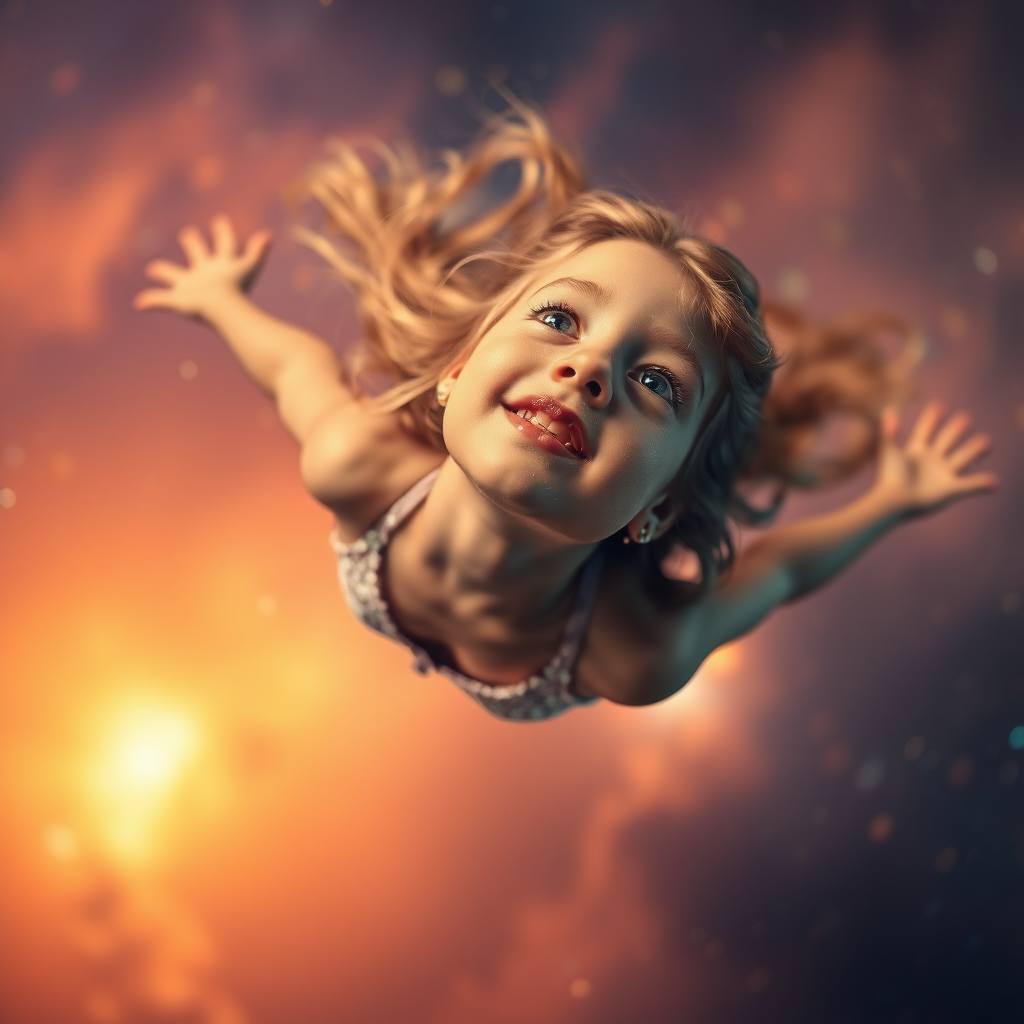 preteen girl floating in space, Low Key Lighting, dreamscape, nebula, Bokeh, abstract, brilliant colors, glittering, translucent, iridescent, natural skin, glowing, artistic photo, panoramic, cute, interesting, microscopy, airy, original, experimental, interdimensional