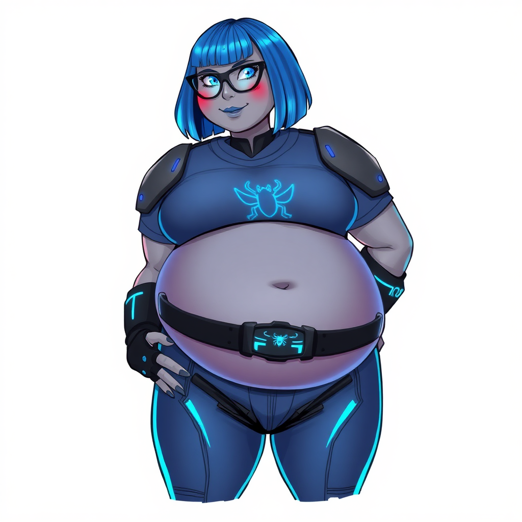 A 28-year-old, full-figured, middle gray-skinned computer program hybrid with a striking maximum blue bob cut. She has a non-athletic build, highlighted by a prominent, round, gigantic midsection (with heavy emphasis on her belly) that showcases the results of her pampering. As the cherished digital sidekick to her cyberpunk vigilante boyfriend, her middle gray metallic skin and maximum blue lipstick emphasize her digital essence. She dons a digital, computerized costume featuring a large, tight-fitting, maximum blue t-shirt with a neon blue glowing beetle icon on the chest, hi-tech shoulder pads with neon blue accents, a black hi-tech belt with a digital neon blue glowing beetle buckle, and digital maximum blue biker pants with neon blue accents. Her look is completed with black hi-tech fingerless biker gloves with neon blue glowing accents. Her neon blue glowing eyes, black eyeglasses with a neon blue glowing HUD built into the lenses, and a shy smile with neon red blush highlight her nerdy charm. She stands bashfully with her hands behind her back, her costume covering all her skin and emphasizing her full-figured physique, especially her belly. Despite her non-athletic build, she radiates beauty. Her slim face contrasts with her physique, accentuating her radiant beauty. She is depicted on a solid white background. She is drawn as if she were in a retro 2D cyberpunk fighting game.