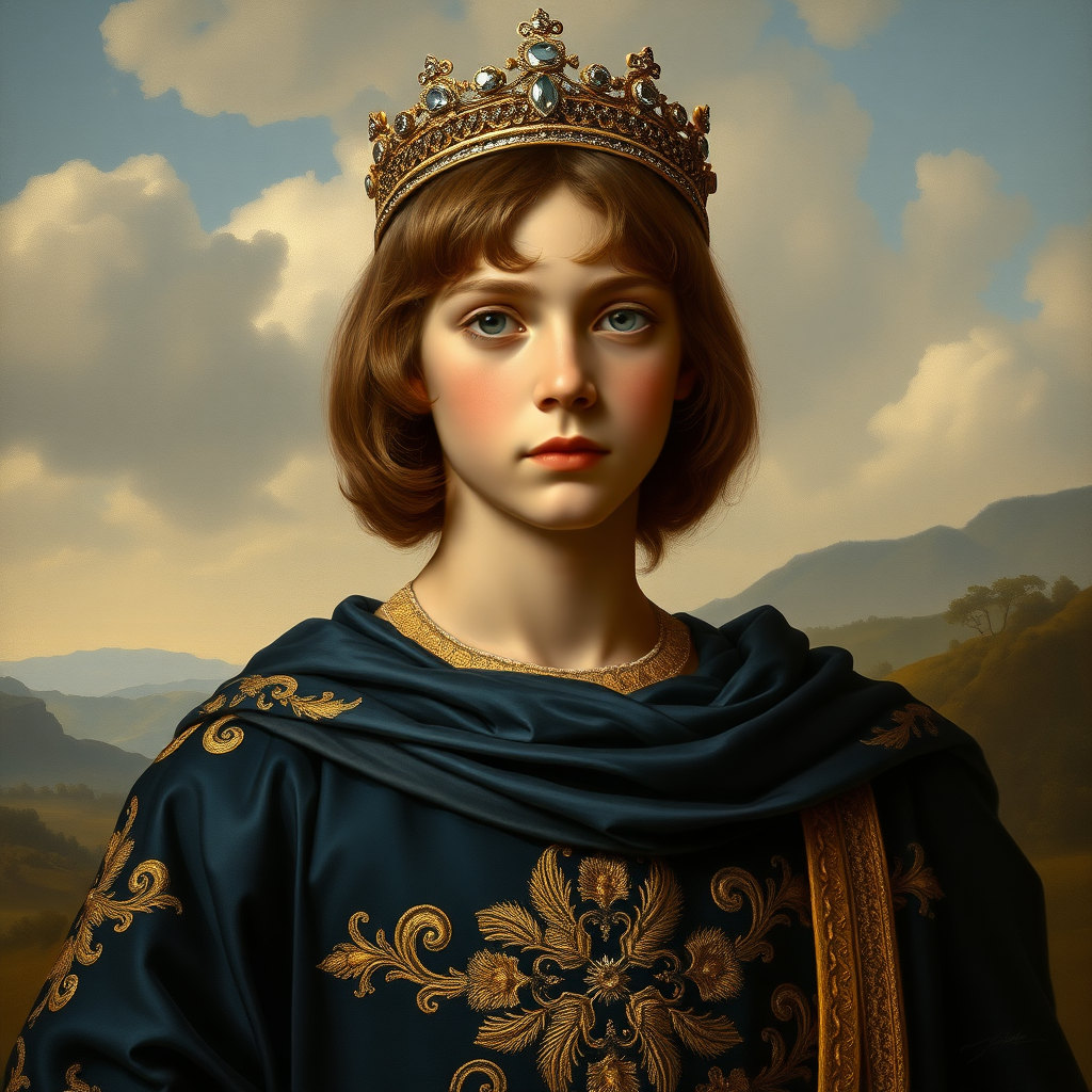 16yo teen boy prince, long bob cut, embroidered with gold and diamonds medieval cloths, diamond diadem, and Beautiful War. Free style by Adolphe William Bouguereau, Academic realism. The background is in the style of landscape style by Antonio del Polaiolo, generating the signature at the bottom: Viva FLUX & Bach, ultra high resolution, 16K.