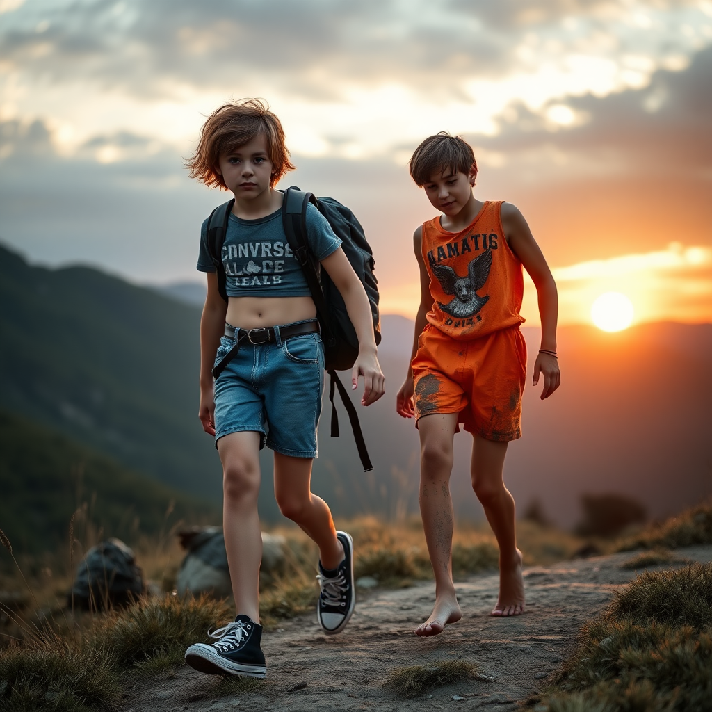 A top model 14yo teen boy, brunette, long layered haircut with a messy hair, wearing a denim booty shorts, a crop top, Black converse all star shoes, with a hiking backpack on his shoulder, he is helping another 14yo teen boy to walk back to his camp. The second boy is wearing booty short orange inmate outfit, he is dirty, covered with mud, barefoot. They are walking in the mountain, at sunset. Both of the boys are looking at the camera. long legs, bare thighs. 1980s style.