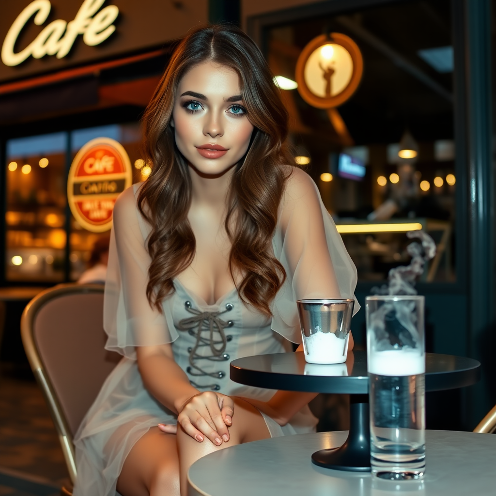 A young woman with brunette hair and pale blue eyes, wearing a translucent dress and lace-up high heels, is sitting in front of a café at a table. A cup of steaming coffee and a small glass of water are on the table. It's late evening. Photo.