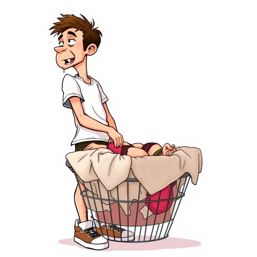 nervous short 20 year old european skinny man, short white t-shirt, standing, stunned, mesmerized, joyful, aroused, heavy drooling, heavy sweating, fumbling through a small dirty laundry basket full only of sexy woman heavily stained worn lingerie, detailed fabric, side view, sneakers, detailed feet, 2D, caricature, cartoon, Sketch lines, coloring book, coloring book