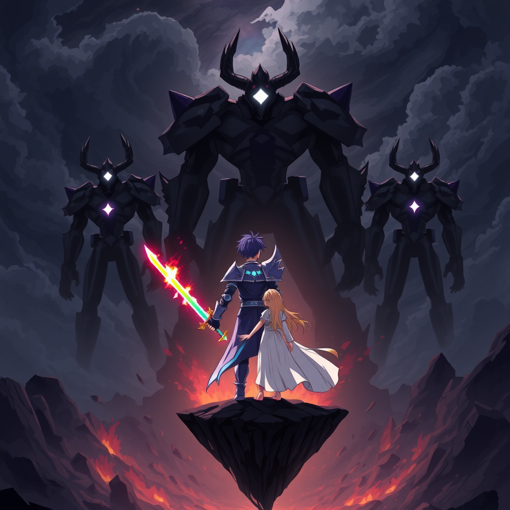 (Anime Style Pixel Art) An intense anime-style scene set against the backdrop of an apocalyptic world into darkness with the sky being dark. The sky is dark and menacing, swirling with ominous clouds, while the ground below has shattered into a vast, bottomless abyss. Towering above the abyss stand 33 colossal humanoid figures, formed from pure darkness and shadow. Their bodies are void-like, with each one having only a large single piercing white star-shaped lens flare for an eye, glowing across their bodies. Two of the titans on each side (Left and right) are lanky, almost skeletal in their stick-figure-like appearance, while the center one is massive and grotesque, with two jagged horns protruding from its head, exuding an aura of raw power. These beings, the Void Titans, radiate pure malice as they approach.

On a floating island amidst the destruction, afar stands a fearless teenage boy backside with striking purple hair, donned in gleaming purple-knight armor. His grip is firm on a magnificent rainbow-flaming sword, its vibrant flames reflecting his unwavering resolve. Beside him stands a serene young woman clad in flowing white robes, her golden hair shining like a beacon of hope, both of them poised to face the towering void-born entities as the world crumbles around them. 

This version emphasizes the action, contrast, and tension between the characters and the apocalyptic setting.