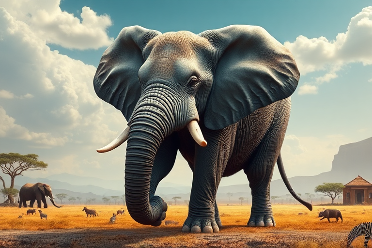 Generate a full-length photorealistic image of an elephant, utilizing the frame and silhouette of a mouse while keeping the elephant's head intact, showcasing its distinct facial features. The skin should resemble the texture of an elephant, and fur elements should hint at a mouse's softness. The background should blend colors and textures inspired by both animals, incorporating savanna landscapes and urban environments to create a harmonious yet whimsical scene. Focus on lighting that highlights the unique characteristics of the combined creature, enhancing the surreal yet believable nature of the artwork.