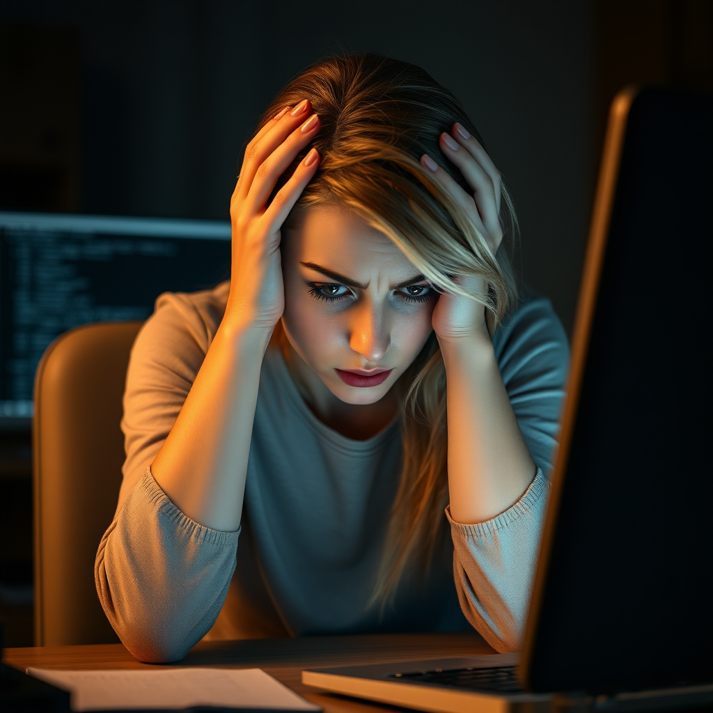 Create a detailed photo realistic scene of a desperate young nice blonde girl sitting in front of a computer. Her posture should reflect frustration, with her hands either on her face or gripping her head. Her surroundings are a typical home or office workspace, with dim lighting adding to the tense and stressful mood. The computer screen could show error messages, glitches, or something causing her distress. The woman’s expression should be a mix of anxiety, exhaustion, and very despair and sad and angry with subtle attention to facial details like furrowed brows or clenched jaws.