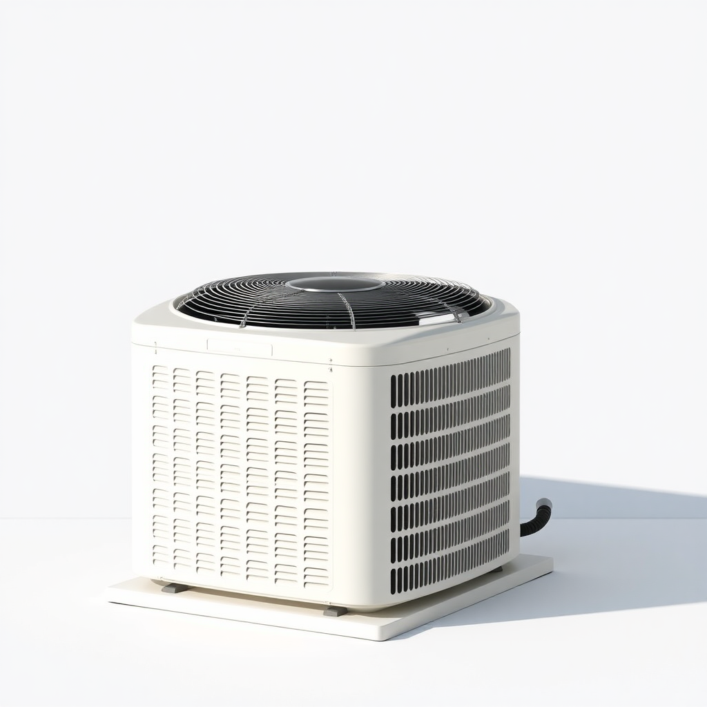 A simple, high-resolution, realistic photo of a standard residential outdoor air conditioning unit or condenser. The unit should be placed on a flat surface. The unit should be a neutral color. Plain, uncluttered background. No text.