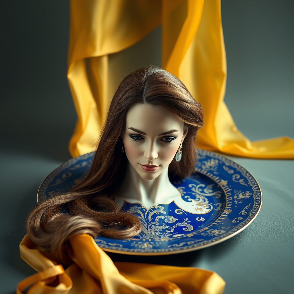 In a bizarre and captivating tableau, a surreal image unfolds: the elegantly poised, disembodied head of Kate Middleton, her features exquisitely refined, rests regally on an ornate porcelain plate. Her long, flowing hair cascades gracefully around the edges of the plate, reminiscent of golden silk streaming through the air. The striking contrast of her porcelain skin against the deep, rich hues of the plate—a royal blue adorned with intricate gold patterns—creates an unsettling yet alluring visual.