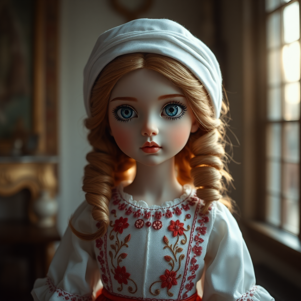 ooak art doll, artist doll, realistic doll, life-like porcelain doll, unique personality, stunning eyes, bisque doll, bjd, embroidered traditional dress, classicist art, portrait photography, romanticism, low key lighting, sun shining through the window, dept of field, studio photography