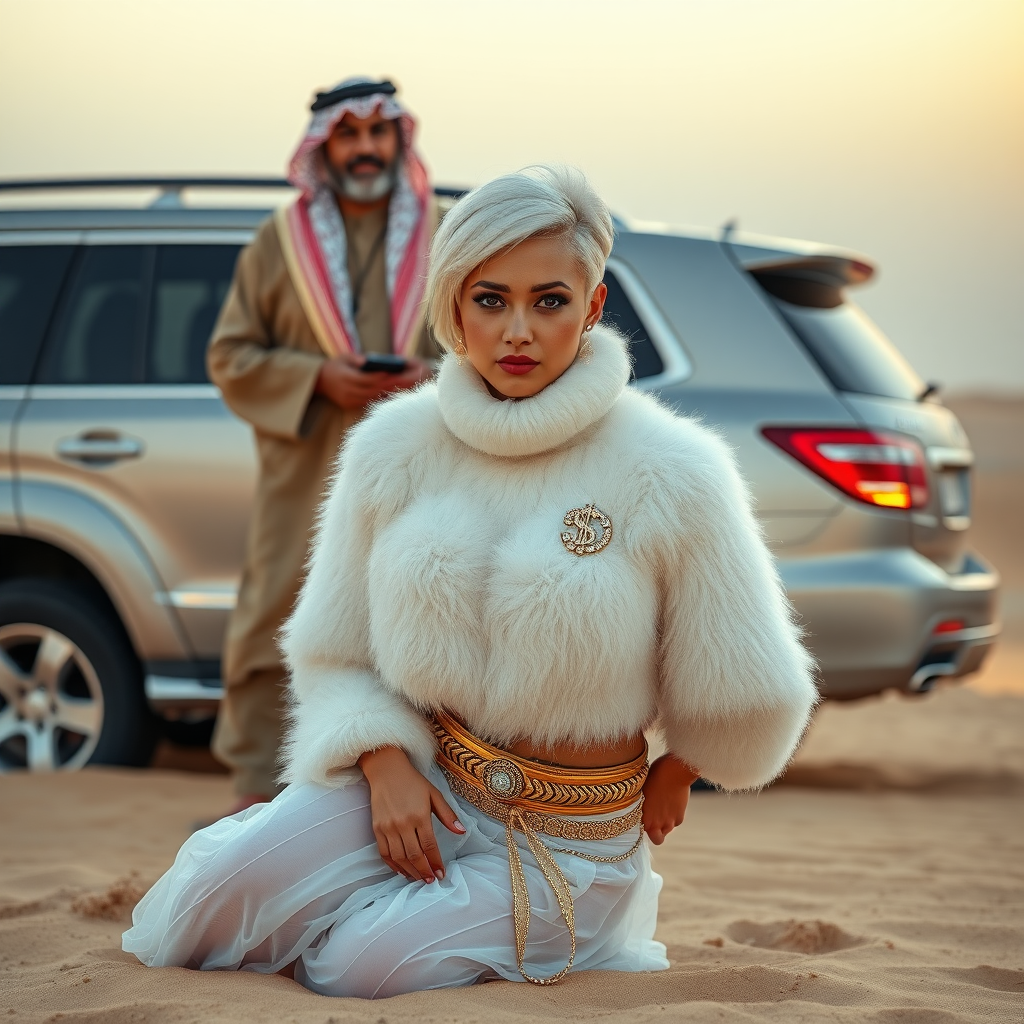 Kuwait desert dunes misty dawn, full size luxury SUV: Melissa, European 17 years old very convincing femboy “trophy-bimbo”, tamed servile docile, very beautiful feminine flawless face, rather short, by hormones very curvaceous womanly figured, platinum blond short tight curls, bold red lips, heavily made-up face, wearing Supertanya-style fluffy very fuzzy bright white angora turtleneck-poncho cropped ending under bust decorated with pearls and gemstones, striking oriental wide gold bridal protection belt, white fully transparent harem pants, full Oriental bridal jewelry including headpiece, nose-ring, coin anklets, striking diamond “$$$” letter brooch on left chest, pout frustrated, hands tied behind back, kneeling in sand in front of SUV, looking at camera. Focus on face and turtleneck-poncho. Standing behind Melissa: older overweight tall proud sheik, approvingly padding Melissa.