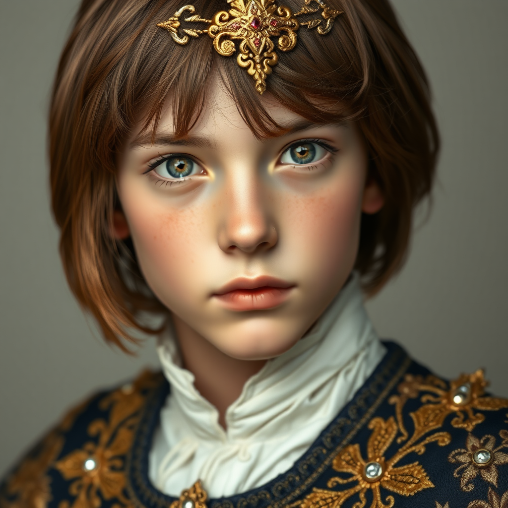 16yo teen boy prince, long bob cut, embroidered with gold and diamonds medieval cloths. photorealistic, ultra high resolution, 16K,