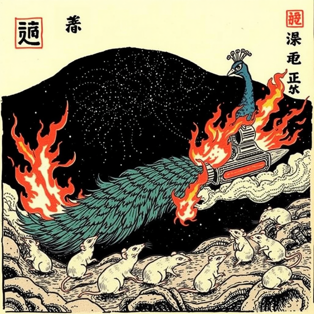 A peacock saving rats from a burning spaceship, Chinese woodcut.