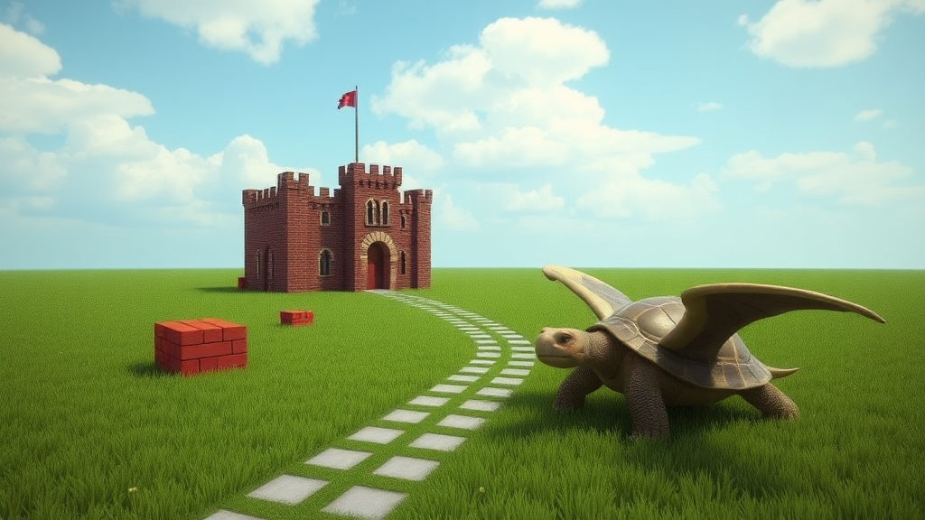 Exterior. Day. Green field. A pathway leads to a small brown-brick castle with a tall flagpole outside. A few floating blocks made of red bricks, and a large turtle with wings.