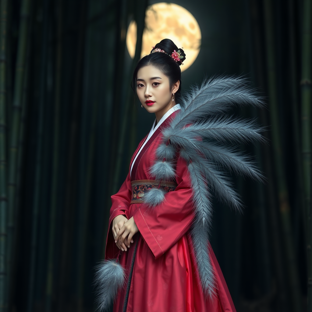 A Korean Woman in an ancient Hanbok with nine one meter long silver bushy foxtails that comes off her middle ass, in front of the full moon in a bamboo forest.