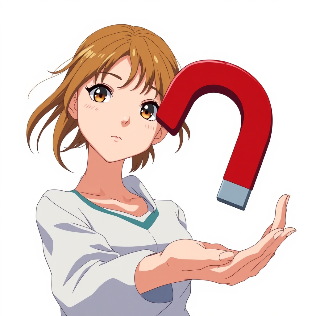 a woman holding a magnet and a magnet in her hand, full-shot, anime wallpaper, breathtaking realistic, inspired by John Henry Kingsley, miyazaki's animated film, john stephens, centered, white background, perspective view.