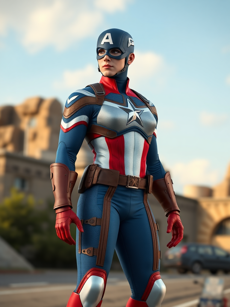 Create a hyper-realistic render of Captain America featuring the body type of Power Girl, while keeping Captain America's head intact. Adjust the silhouette to reflect the body type change. Place this character in a background setting that suits both Captain America and Power Girl, ensuring the scene is cohesive and visually appealing.