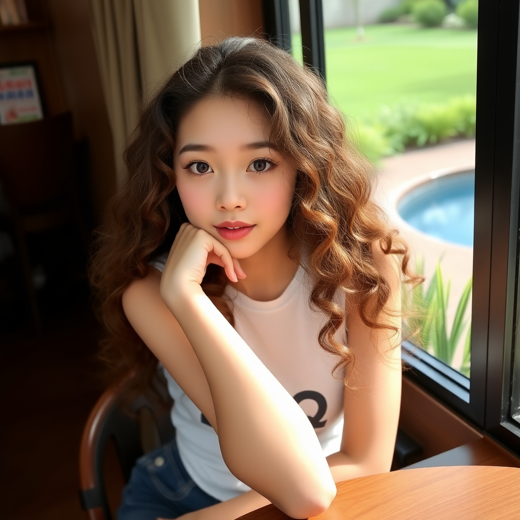 A young and beautiful 18-year-old Xiaohongshu blogger, with fair skin, large eyes, long curly hair, an oval face, and very thin, sitting in a cafe, leaning on the table, with green grass and a pool outside the window.