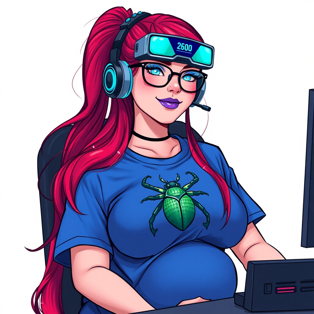 A cyberpunk vigilante’s full-figured intelligent and tech-savvy 28-year-old girlfriend, who is a computer hacker and tech genius. She has a long ruby red ponytail. She wears maximum blue lipstick, bright blue eyes, a sapphire beetle gemstone necklace, sapphire earrings, black eyeglasses, and an oversized maximum blue t-shirt featuring a blue sapphire gemstone crusted scarab beetle chest icon. She has a full-figured physique with a prominent, massive, round belly, reflecting her well-cared-for lifestyle. She sports a sapphire headset with a hi-tech maximum turquoise lensed HUD, and a shy smile with a neon red blush. She serves as his tech expert from his hideout, diligently working at her lab table computer desk. The background is solid white. She is drawn as if she was in a retro 2D cyberpunk fighting game. Ensure her maximum blue t-shirt covers her belly.