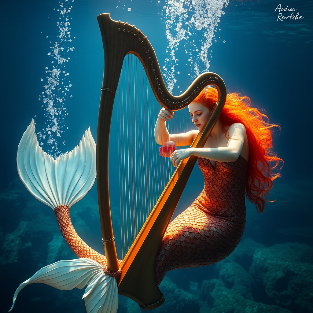 Mermaid with harp under water photorealistic, super Reality, high resolution