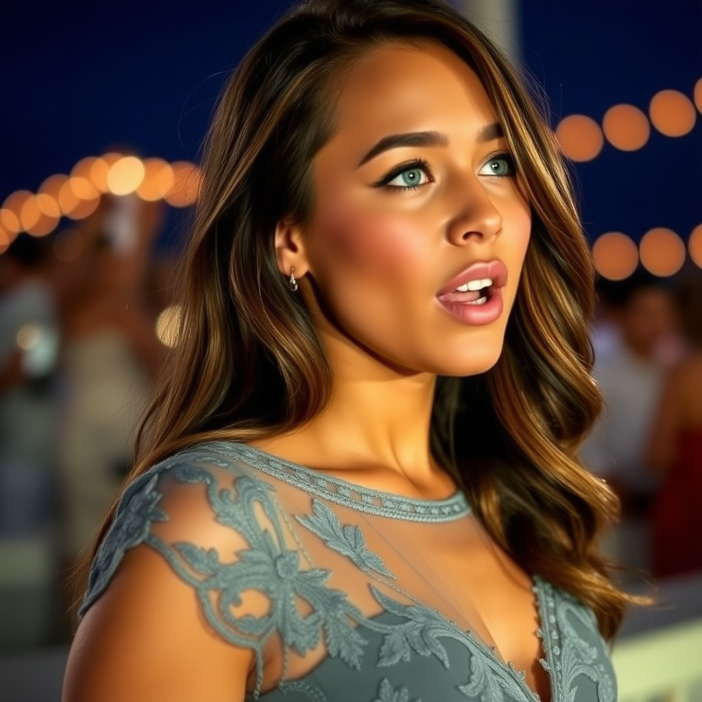 a young woman singing. long brunette hair with highlights, bright blue eyes. suntanned skin. small lips colored pale rose. looking to the side. wearing an elegant gray dress with transparent lace. view from far. night sky in background. photo