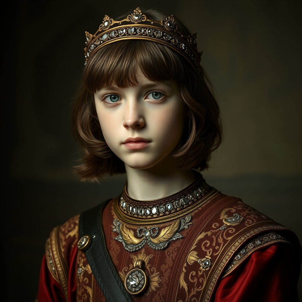 16yo teen boy prince, long bob cut, embroidered with gold and diamonds medieval cloths, diamond diadem and Beautiful War, natural Skin Texture, visualization of embossed Skin using the play of light and shadow. Free style by 50% Adolphe William Bouguereau, Academic realism and 15% Sandro Botticelli, early Renaissance and 35% Otto Lomüller, Boy Scout photorealism, The background is in the style of landscape style by Antonio del Polaiolo. Studio lighting, professional lighting. Generating the signature at the bottom: FluxBach. ultra high resolution, 16K,