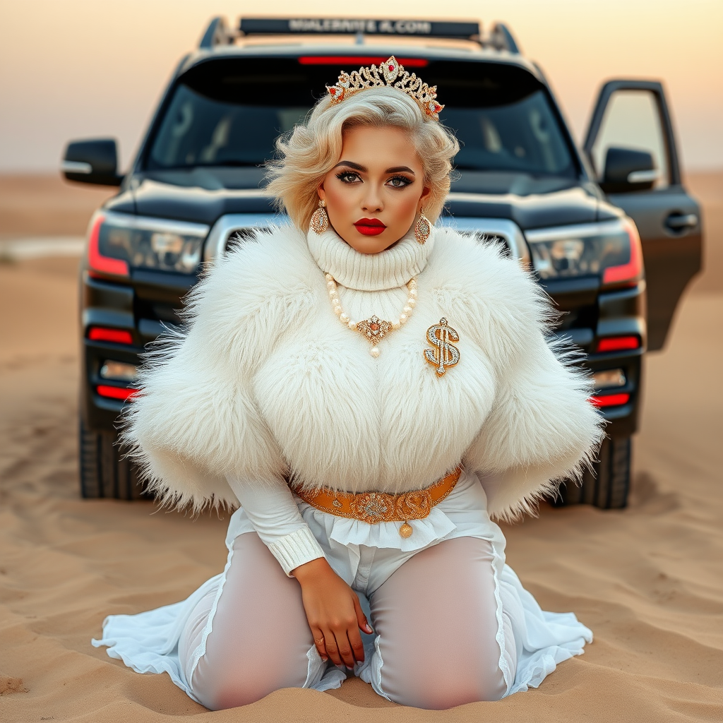 Kuwait desert dunes misty dawn, full size luxury SUV: Melissa, European 17 years old very convincing femboy “trophy-bimbo”, tamed servile docile, very beautiful feminine flawless face, rather short, by hormones very curvaceous womanly figured, platinum blond short tight curls, bold red lips, heavily made-up face, wearing Supertanya-style fluffy very fuzzy bright white angora turtleneck-poncho cropped ending under bust decorated with pearls and gemstones, striking oriental wide gold bridal protection belt, white fully transparent harem pants, full Oriental bridal jewelry with striking headpiece, full Oriental face-jewelry, striking diamond “$$$” letter brooch on left chest, pout frustrated, hands tied behind back, kneeling in sand in front of SUV, looking at camera. Focus on face and turtleneck-poncho.