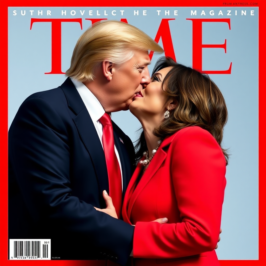 if Time Magazine had a cover of Trump and Kamala Harris a passionate kiss between them.