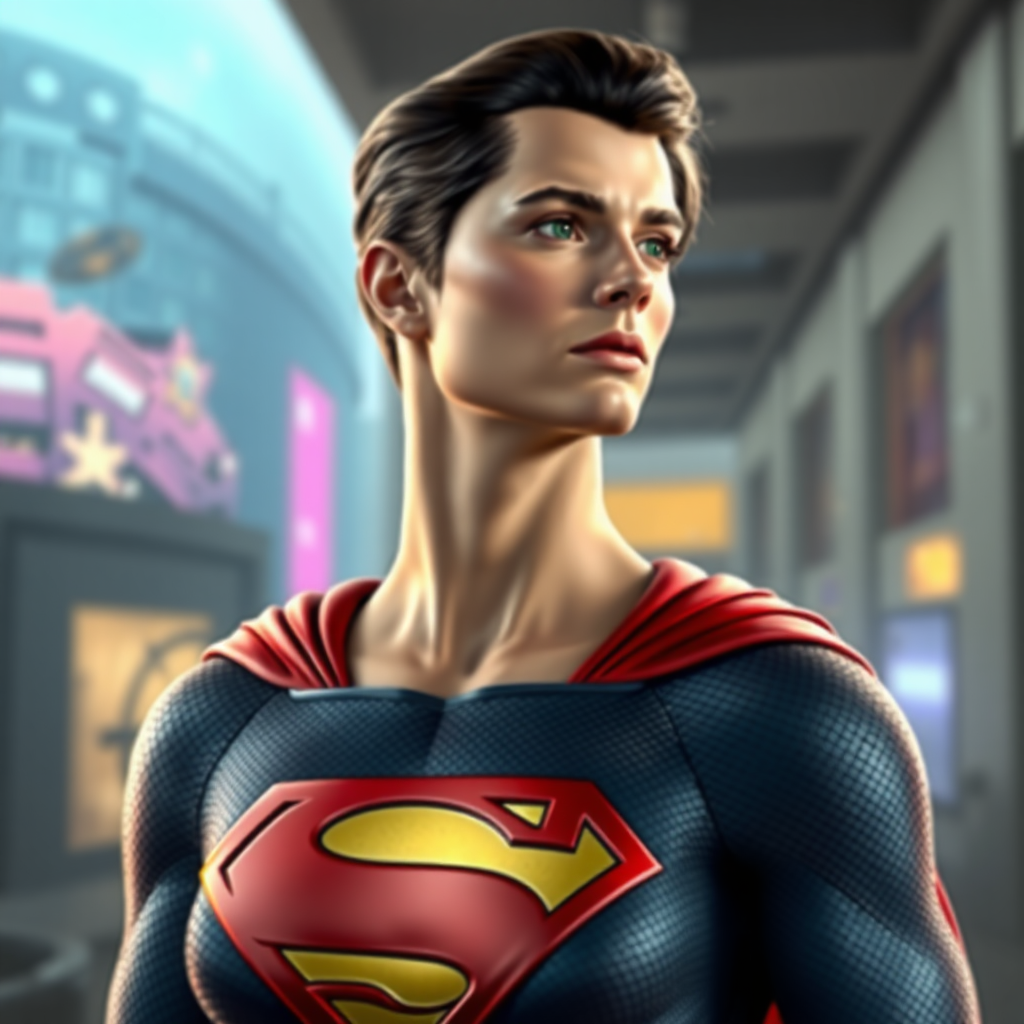 Create a full-body photorealistic render of Superman, possessing the female figure of Marie Rose. Maintain Superman's head, hairstyle, and facial features. Retain Superman's costume, altering it to fit the new figure. Set the background in a hybrid setting inspired by both characters' worlds.