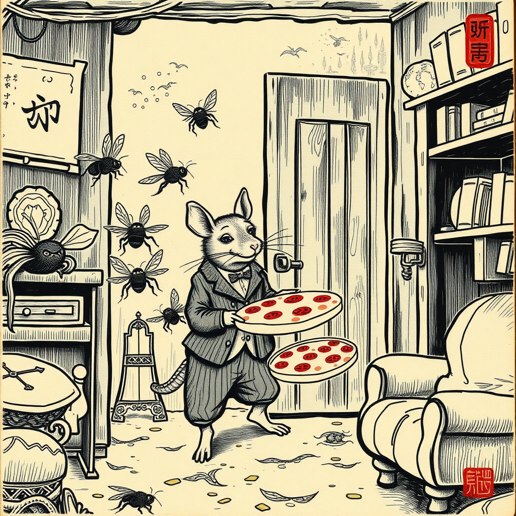 A well dressed handsome rat delivering pizza to angry bees in a decayed apartment, Chinese woodcut