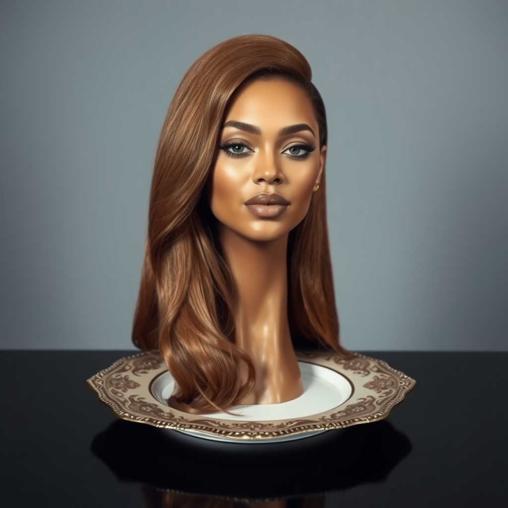 In a surreal and striking scene, the elegantly styled disembodied head of a stunningly beautiful Beyoncé rests gracefully on an ornate, luxurious plate, which is carefully placed on a simple, understated table. Her very long, flowing hair cascades like a rich waterfall of silky, rich brown locks, framing her exquisite face and accentuating her radiant, flawlessly glowing skin. The delicate contours of her chin rest lightly against the polished surface of the plate, lending an unexpected intimacy to the bizarre presentation. 

The background is a muted, plain gray, casting an air of modern minimalism that contrasts dramatically with the lavishness of her appearance. Soft shadows play across her features, highlighting the subtle high cheekbones and perfectly shaped lips, which seem poised for a soft smile. The atmosphere feels both elegant and eerie, inviting intrigue and contemplation as viewers are drawn into this surreal artistic tableau, where beauty and the absurd collide in unexpected harmony.