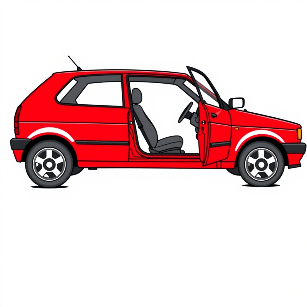 red vw polo II car, driver's door wide open, long establishing shot, 2D, caricature, cartoon, Sketch lines, coloring book, coloring book style on white background, well composed, clean coloring book page, No dither, no gradient, strong outline, No fill, No solids, vector illustration, realistic proportions, blueprint, left side view