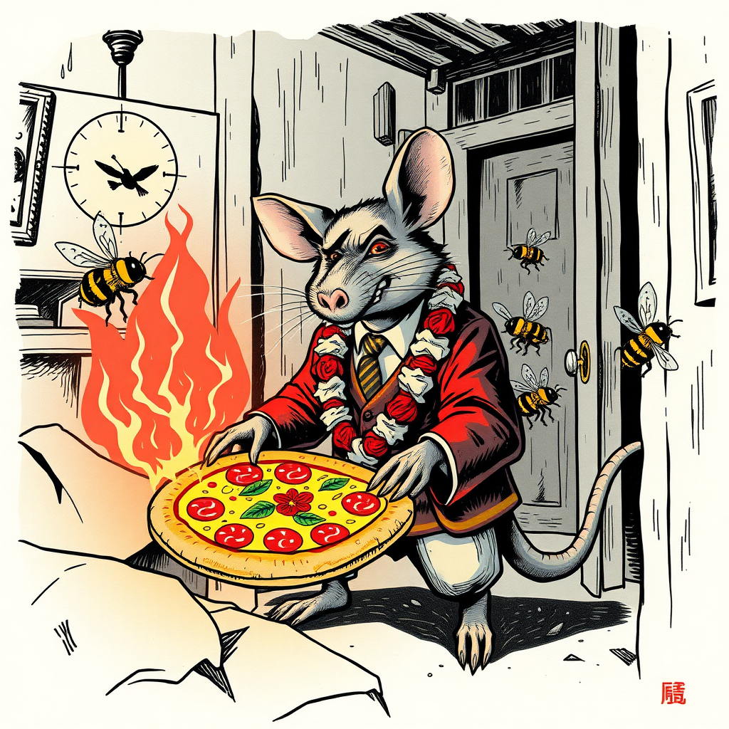 A well dressed handsome rat demon delivering Hawaiian pizza to angry bees in a decayed apartment,Chinese woodcut, Mormon