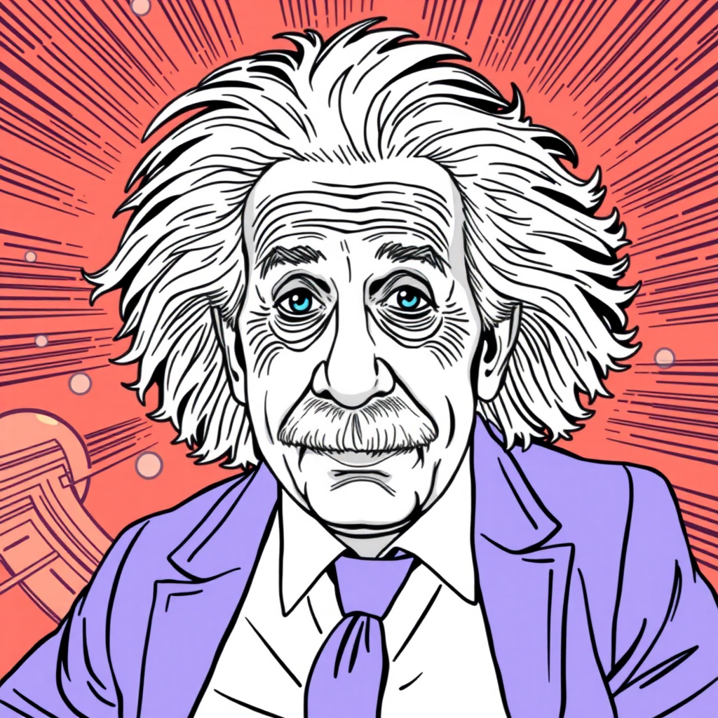 vector image of Albert Einstein, coloring book, detailed features, 2D, establishing shot, vector illustration, movement lines, saturated colors, hero action shot