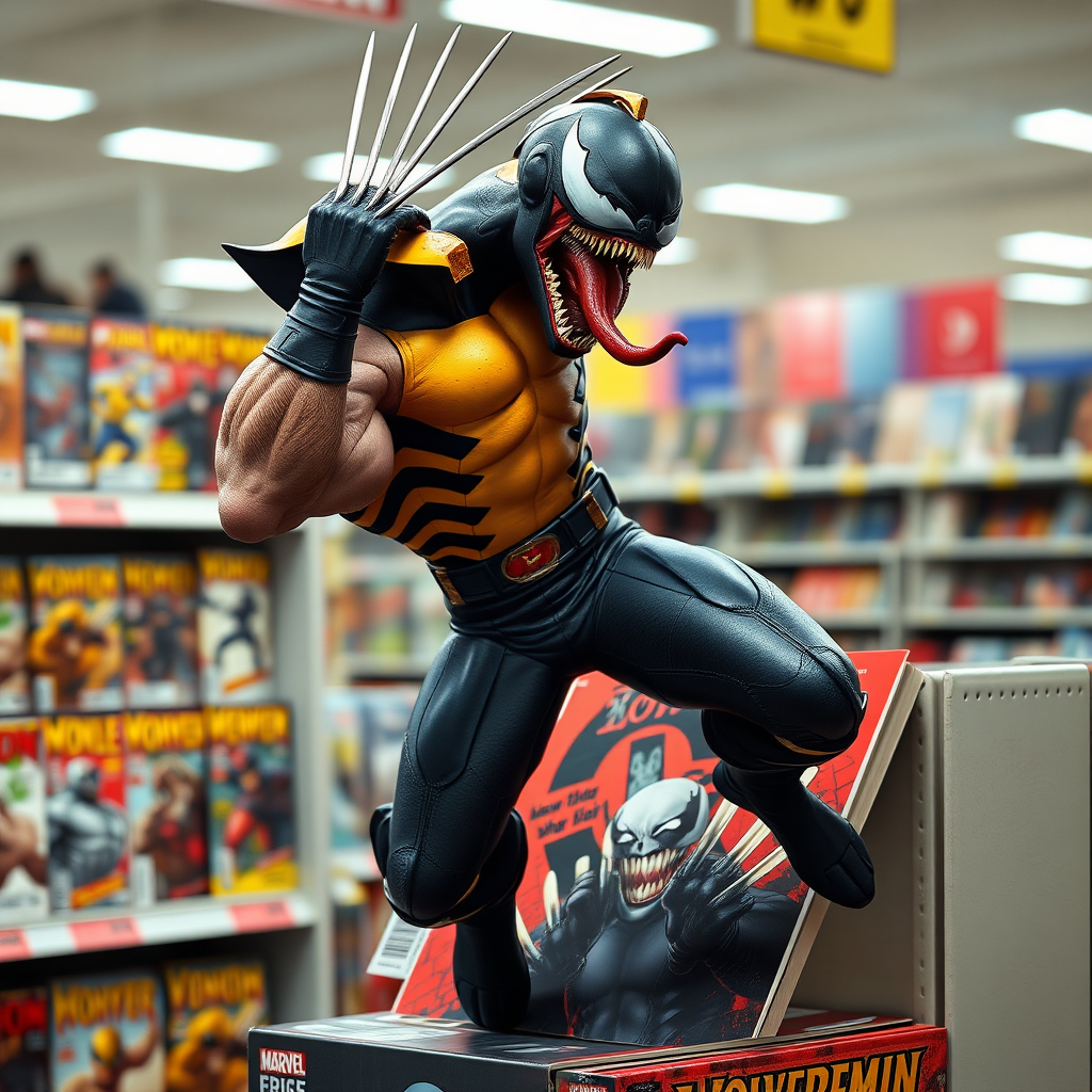 Jumping out of a Comic book cover on a store shelf is Wolverine impaling Venom up in the air over his head in Cinematic Real3D photo-realistic quality.