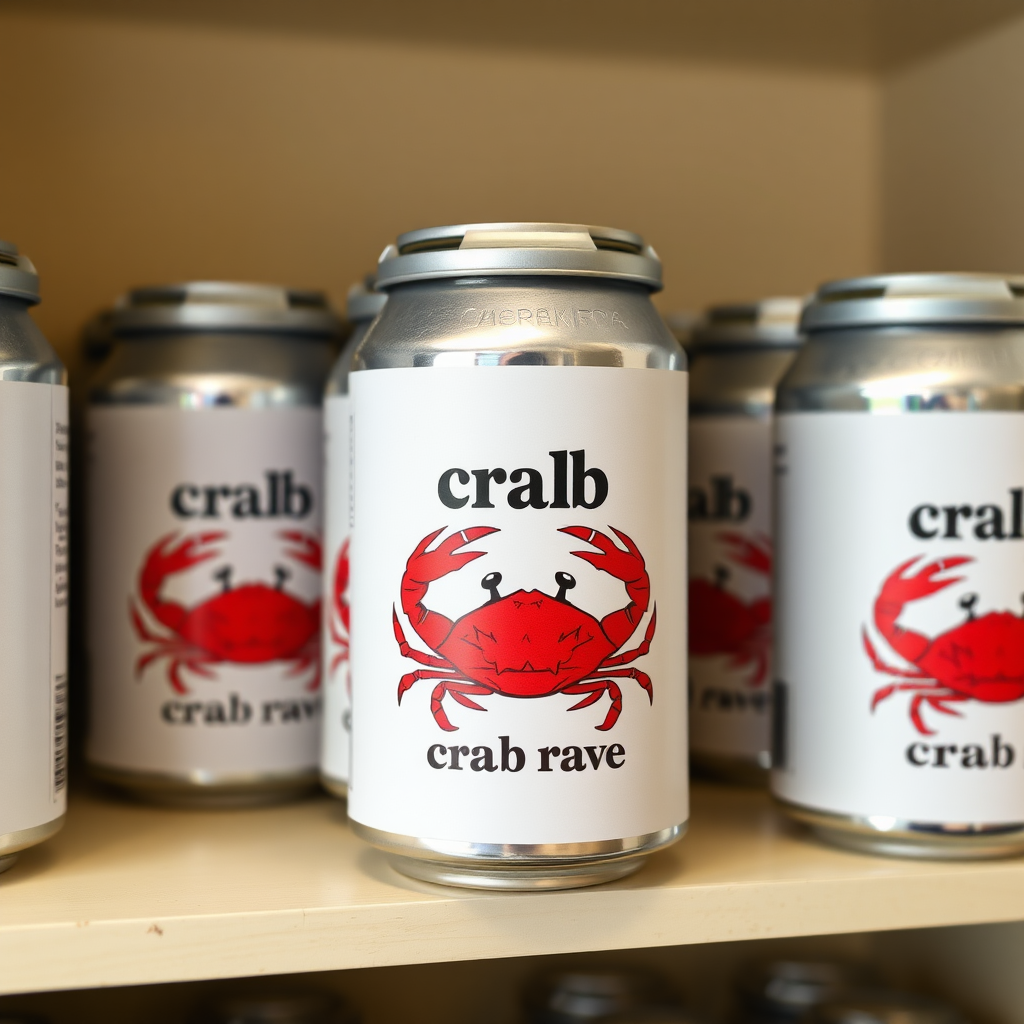 a small shelf with cans that have an image of crabs on the label and text saying "crab rave"