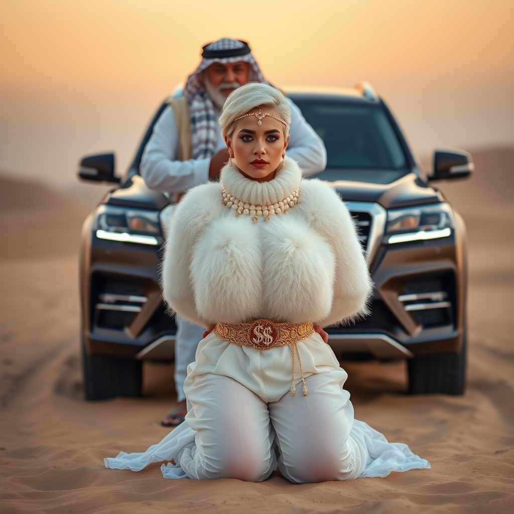 Kuwait desert dunes misty dawn, full size luxury SUV: Melissa, European 17 years old very convincing femboy “trophy-bimbo”, tamed servile docile, very beautiful feminine flawless face, rather short, by hormones very curvaceous womanly figured, platinum blond short tight curls, bold red lips, heavily made-up face, wearing Supertanya-style fluffy very fuzzy bright white angora turtleneck-poncho cropped ending under bust decorated with pearls and gemstones, striking oriental wide gold bridal protection belt, white fully transparent harem pants, full Oriental bridal jewelry including headpiece, nose-ring, coin anklets, striking diamond “$$$” letter brooch on left chest, pout frustrated, hands tied behind back, kneeling in sand in front of SUV, looking at camera. Focus on face and turtleneck-poncho. Standing behind Melissa: older overweight tall proud sheik, approvingly padding Melissa.