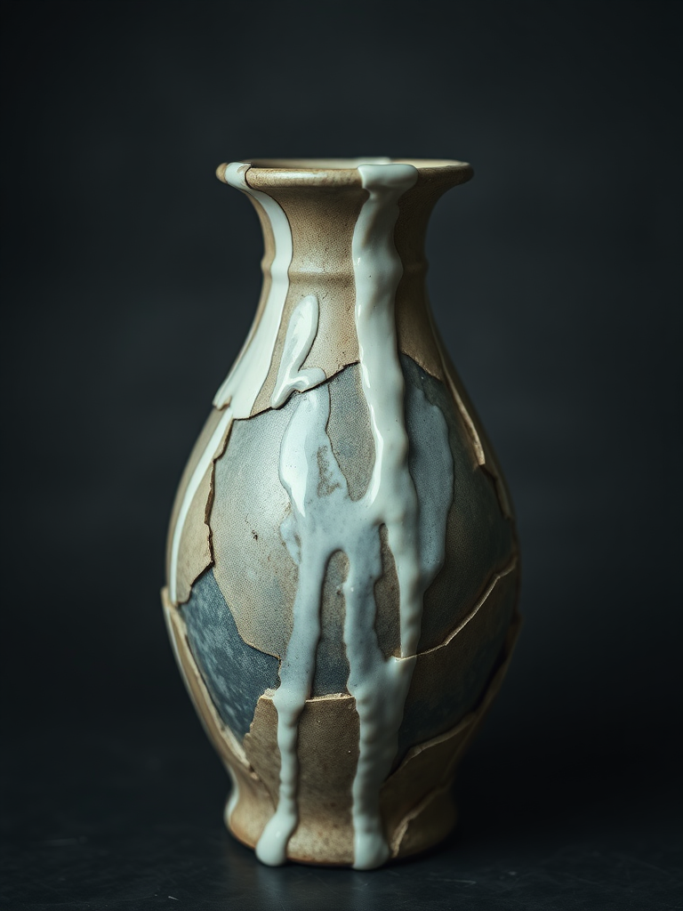 old ceramic vase in pieces, glued with white goo, in soft dark colors, cold aura