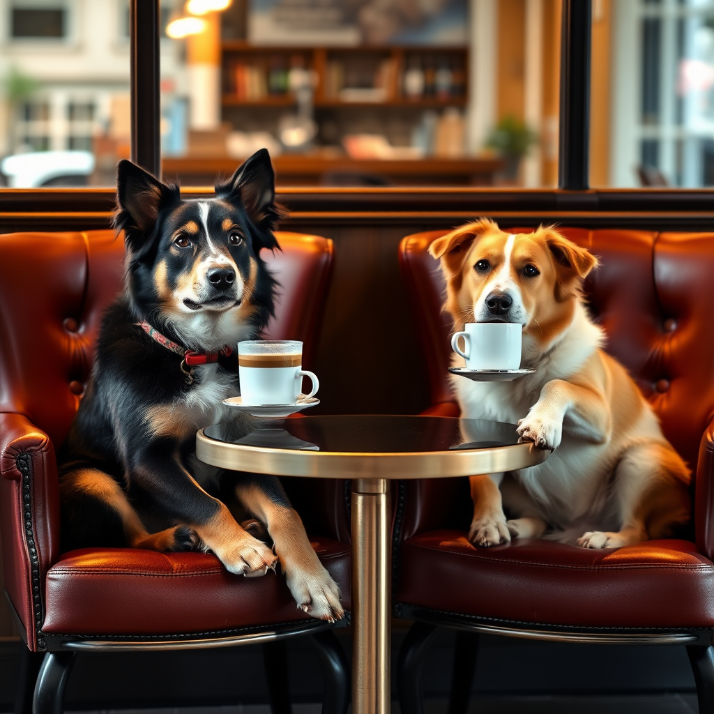 two dogs sitting in chairs like humans. They are in a cafe drinking espresso