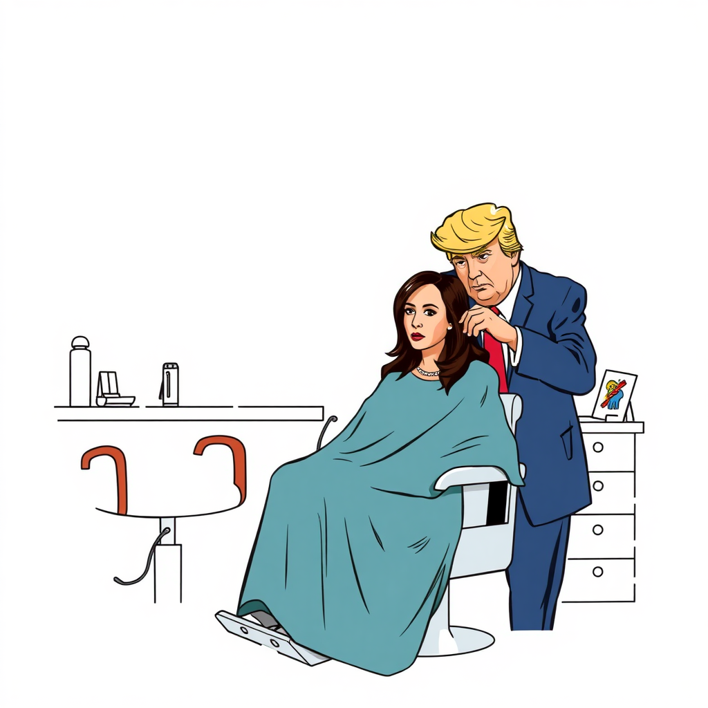 Kamala Harris sitting in a barbershop while Donald Trump cuts her long hair.  Plain gray background.