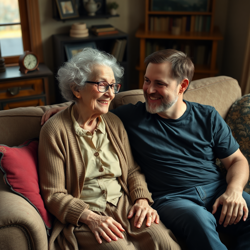 In a scene viewed from an angle and slightly above: In an old-fashioned English living room, a very frail, small and thin, very old and elderly English lady with a kind smile, short, thinning white curly hair, wrinkled face, neck and skin, wearing thin framed glasses, an old cardigan, blouse and long skirt is sitting on a sofa with an English man about 40 years old, grey stubble on his chin, brown hair, sitting close next to her on the same sofa, wearing a black T-shirt and dark blue jeans. The man and woman are smiling at each other. The woman is looking at the man's eyes and smiling. The man is looking at the woman's eyes and smiling.