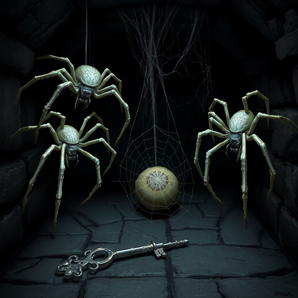 A dark basement medieval cellar with two large white spiders with red highlights crawling around and a long cocoon webbed in the center of the floor with a silver key sitting beside the cocoon. There are spider webs on the walls.