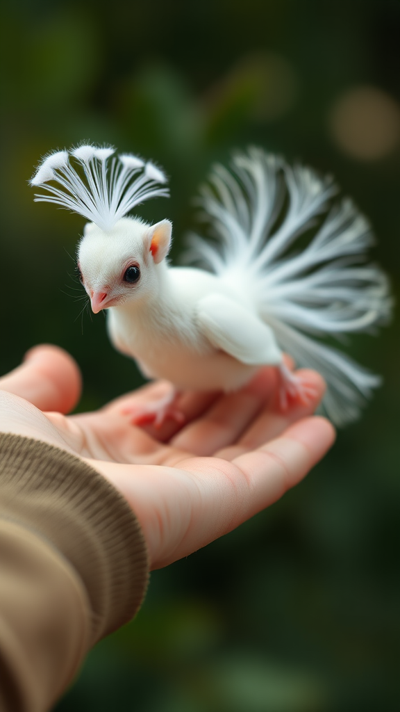 A small tiny cute chubby big eyes big perfect tail real white dancing peacock with tail on hand