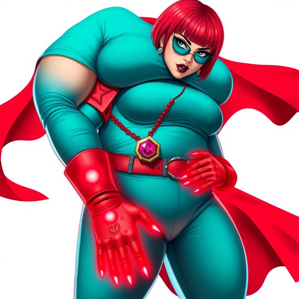 A 26-year-old, full-figured, magical girl vigilante detective becomes the heavily pampered mystical ally of her cyberpunk vigilante older brother figure. She has a bright red bob cut, black lipstick, and piercing bright blue eyes. She has a new non-athletic build, now highlighted by a prominent, round, gargantuan midsection (fully focused on her gargantuan belly), which shows the aftermath of her new pampered lifestyle. Despite her pampered physique, she shows full confidence. She wears a magical girl detective costume consisting of a gargantuan, magical, tight-fitting, maximum turquoise t-shirt (accentuating and emphasizing her gargantuan belly), maximum turquoise biker pants, complemented by a glowing neon red cape, a mystical ruby amulet (which is the source of her mystical powers), and magical red gloves glowing neon red. Her magical girl detective costume covers all her skin and emphasizes her full-figured physique (especially her gargantuan belly). Her stance is firm and resolute, arms crossed, exuding a no-nonsense attitude. Her costume reflects the influence of DC New 52 Prime Earth’s Phantom Lady, Jennifer Knight, while her pose embodies the moral ambiguity and determination reminiscent of DC’s Pax Americana’s The Question. She is on a solid white background. She is drawn as if she was in a retro 2D cyberpunk fighting game. She is clearly non-athletic, with a focus on her full-figured physique (especially her gargantuan belly). Make sure that her costume covers all of her bare skin (especially her gargantuan belly).