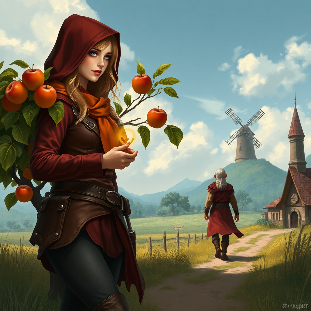 A wide distance shot of a pretty female adventurer in subtle red leather clothing with a hood, walking towards a thin, short, frail clean-shaven old farmer wearing rags and who looks ill. She is holding a gold ring. a pastoral fantasy house near a road to "Dunright". A single apple tree with a few moldy apples on it. A fantasy village and mage tower with windmill in the distance. (larry elmore) art style.