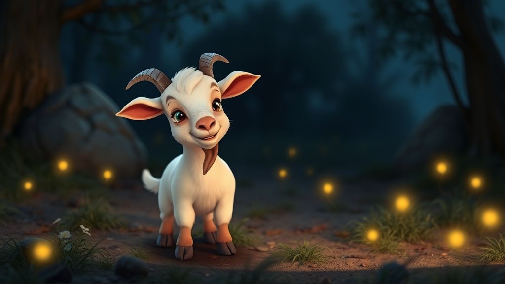 A cute Billy goat in ground at night some fire flies around animation