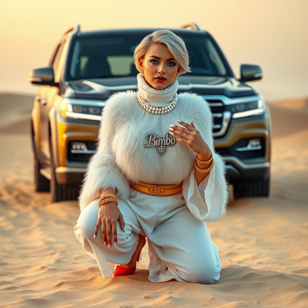 Kuwait desert dunes misty dawn, full size luxury SUV: Melissa, European 17 years old very convincing femboy “trophy-bimbo”, tamed servile docile, very beautiful feminine flawless face, rather short, by hormones very curvaceous womanly figured, platinum blond short tight curls, bold red lips, long white French nails, heavily made-up face, wearing Supertanya-style fluffy very fuzzy bright white angora turtleneck-poncho cropped ending under bust decorated with pearls and glass stones, striking oriental wide gold bridal protection belt, white fully transparent harem pants, bright red pumps with golden very high heels, full Oriental bridal jewelry including headpiece, nose-ring, coin wristlets, coin anklets, striking diamond “Bimbo” letter brooch on left chest, thick heavy pearl wristlets, pearl anklets, pout frustrated, kneeling in sand in front of SUV, looking at camera. Focus on face and turtleneck-poncho.