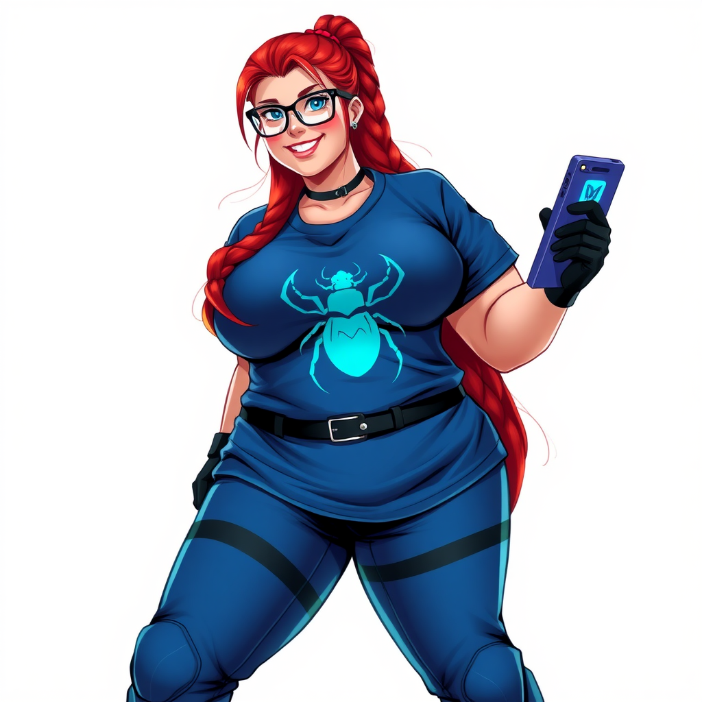 A 28-year-old, full-figured computer hacker and tech wiz girlfriend of a cyberpunk vigilante. Her long ponytail of ruby red hair, and striking, bright blue eyes make her stand out. Her wrecking ball-sized midsection, sequoia-sized limbs, and broad shoulders define her full figure, which has been heavily pampered by her doting boyfriend. Her nerdiness is blatantly obvious, and she serves as her boyfriend’s tech expert.

As the loyal and supportive sidekick, she plays a crucial role in their missions, using her digital and technological prowess to assist and protect. She wears an oversized maximum blue t-shirt adorned with a maximum turquoise beetle chest icon, black oversized eyeglasses, matching maximum blue biker pants, and black high-tech gloves. She beams with a neon red blush, holding a futuristic wrench and a digital holographic tablet. She is on a solid white background. She is drawn as if she was in a retro 2D cyberpunk fighting game. Her proportions are bloated to emphasize her figure.