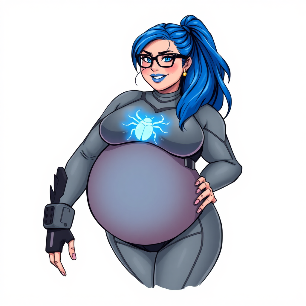 A 28-year-old computer science major embracing her new life as her cyberpunk vigilante boyfriend's nerdy, full-figured, heavily pampered, middle gray-skinned computer program hybrid girlfriend and digital sidekick with a long, maximum blue ponytail. She wears maximum blue lipstick and has bright blue eyes. Her outfit includes a digital, computerized, middle gray bodysuit (accentuating her gargantuan midsection) featuring a neon blue glowing beetle chest icon. She sports black eyeglasses, with a beaming smile and neon red blush. Her full figure reflects the doting care of her vigilante boyfriend. She uses her power to hack into computers and machines to serve as her hero's minicomputer who operates out of his hi-tech wristwatch and supercar's supercomputer. The background is solid white. She has a prominent, round, gargantuan midsection. Her midsection is bloated to emphasize her physique. Her middle gray metallic skin highlights her digital nature. She is drawn as if she was in a retro 2D cyberpunk fighting game.